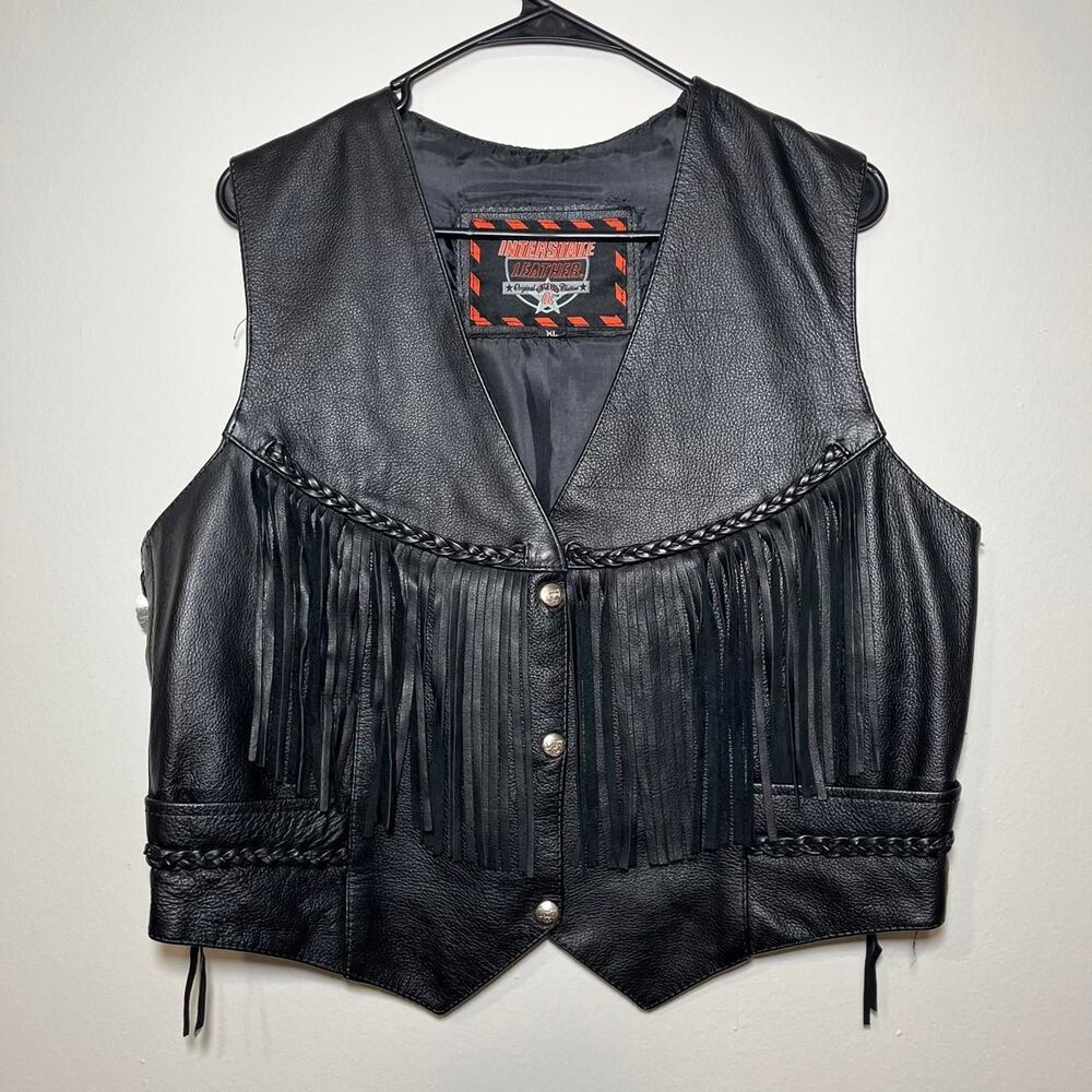 Vintage 00s Black Leather Fringe Vest with Silver Buttons and Braided Trim XL